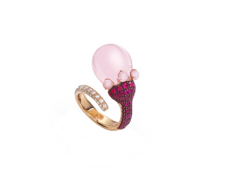 ANELLO IN ORO ROSA DIAMANTI ZAFFIRI ROSA E POIRE IN CRISTALLO COLOR ROSA JOYFUL CHANTECLER 41957